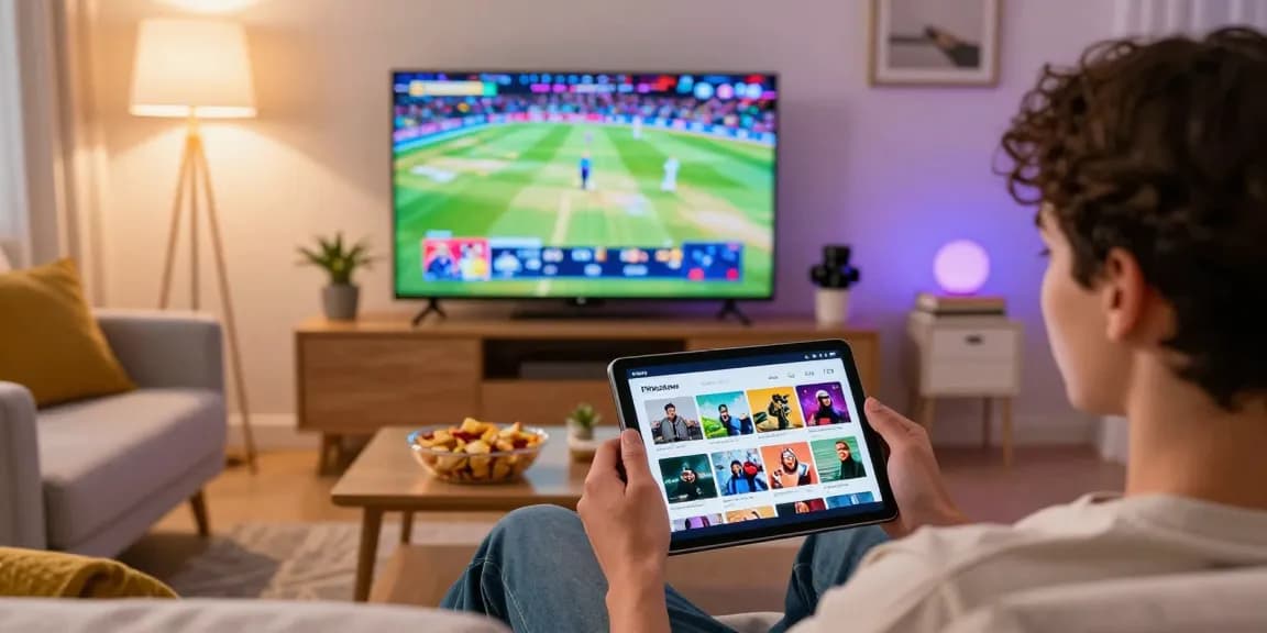 Pikashow APK user enjoying movies and IPL cricket stream on tablet in cozy living room.