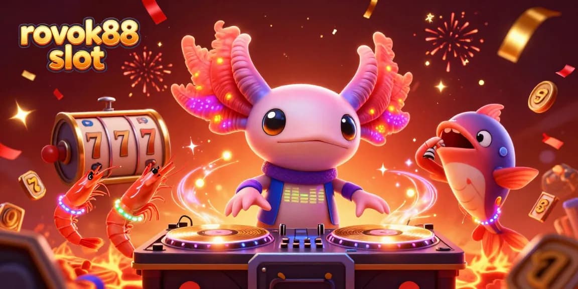 Engage in the vibrant atmosphere of rokok88 slot with an energetic axolotl DJ and friends in a dynamic casino scene.