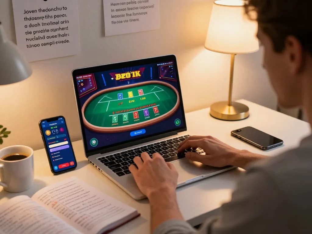 Engaging online gaming experience at bagus-surfcamp with player focused on live dealer blackjack on a laptop.