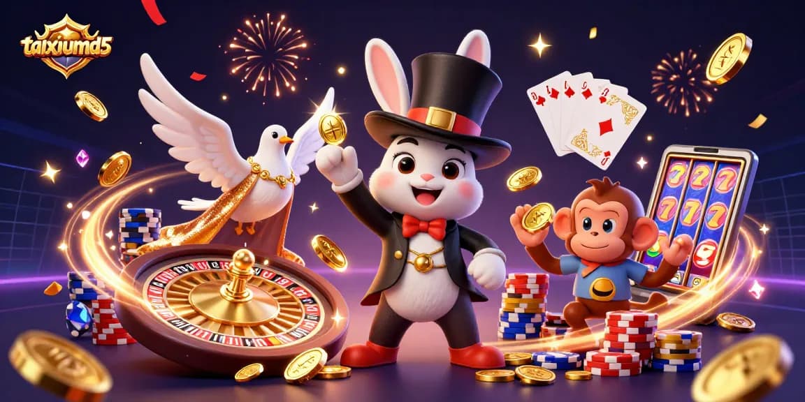 Experience the thrill of taixiumd5 as the magician rabbit conjures coins amidst a vibrant casino scene.