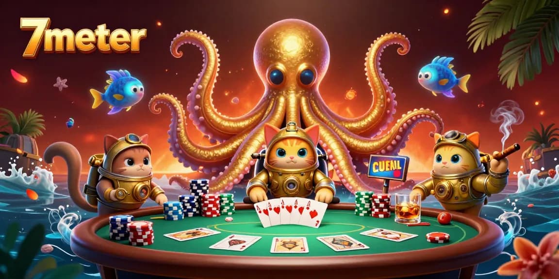 Engage with 7meter's high-stakes action in a vibrant casino scene featuring a kraken and poker elements.
