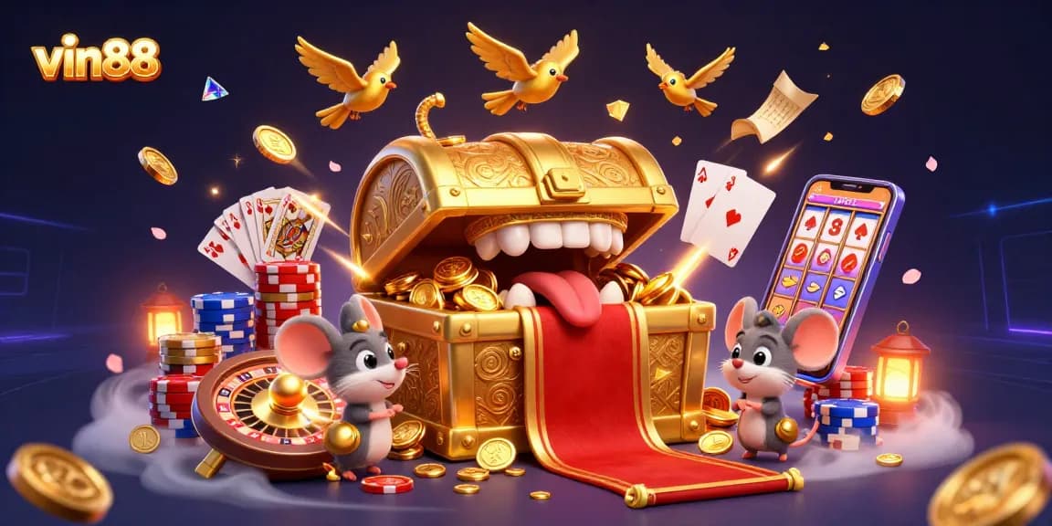 vin88 engages players with dynamic casino elements featuring a treasure chest and golden coins, vibrant scene