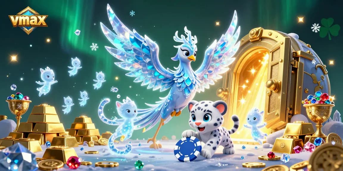 Experience thrilling gameplay at vmax with an enchanting ice phoenix amidst shimmering treasures and vibrant casino scenes.