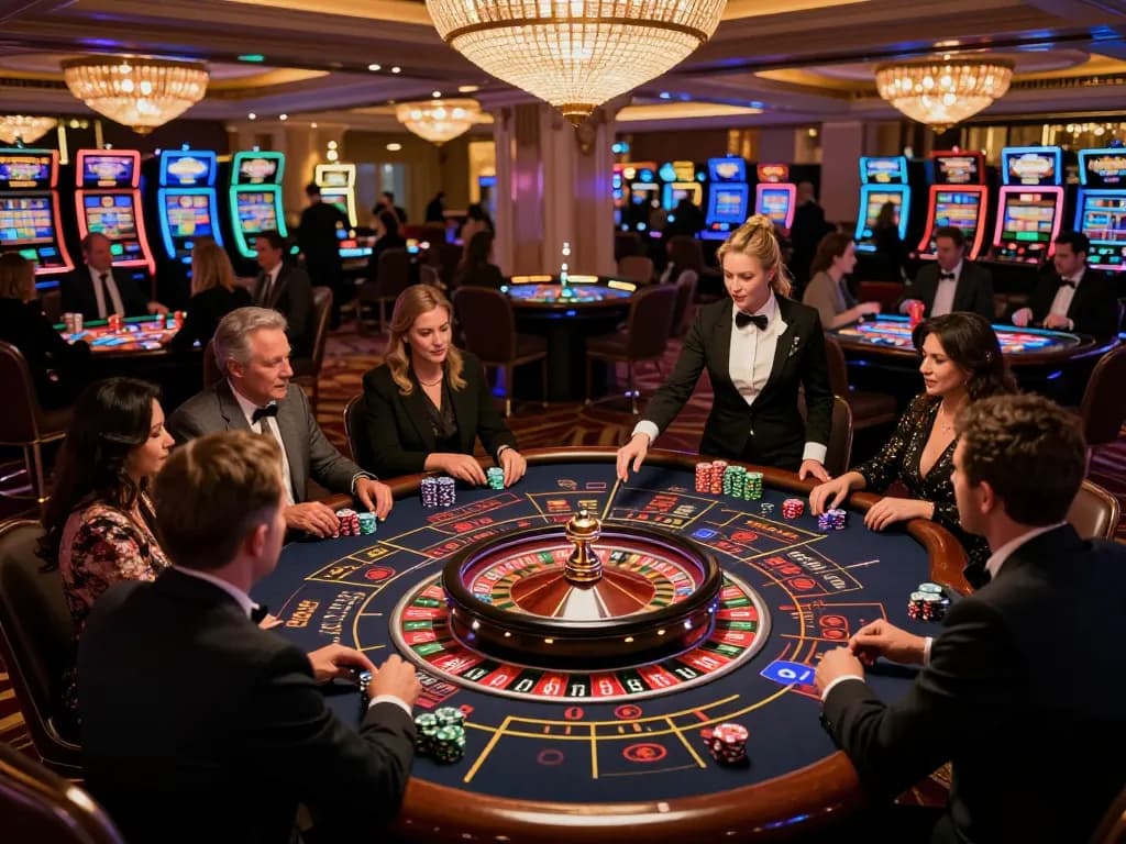 Players joyfully betting at the O8 roulette table, highlighting excitement in a luxurious casino environment.