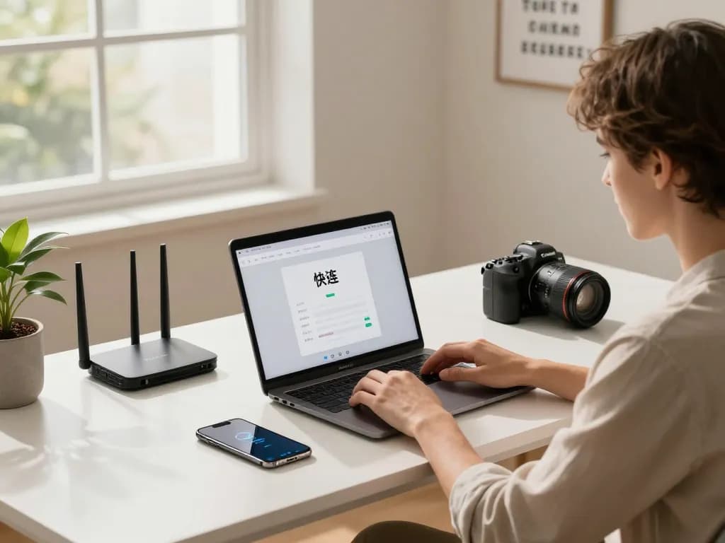 快连 user enjoying seamless network connection in a sleek home office.