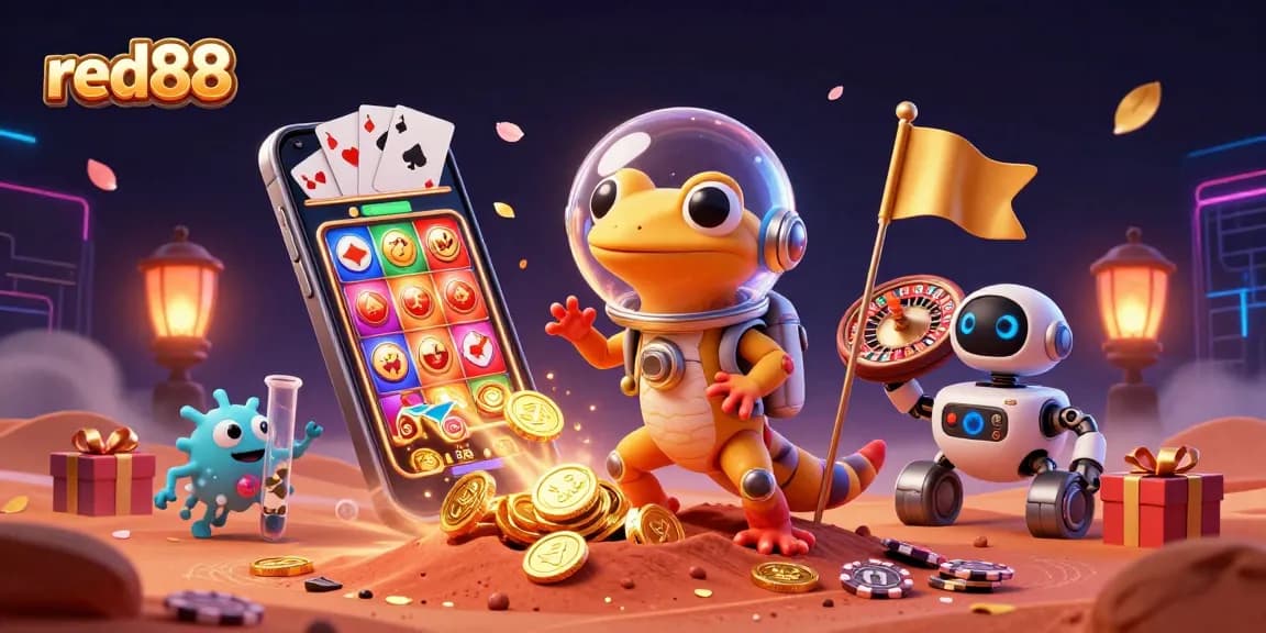 Experience red88's exciting slot games as our Martian gecko explores a golden casino.