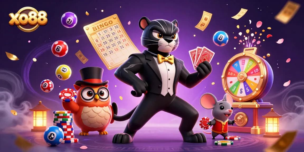Experience the thrill of xo88 as a stylish panther deals cards amidst vibrant casino elements.