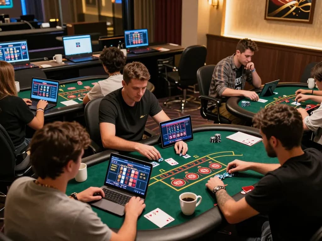 Players engaging intensely in 789WIN online casino games, showcasing strategic moments and excitement.