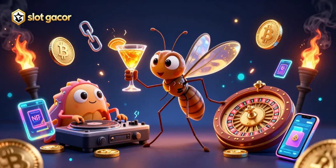 Experience the thrill of slot gacor with a vibrant 3D casino scene featuring unique characters and crypto elements.