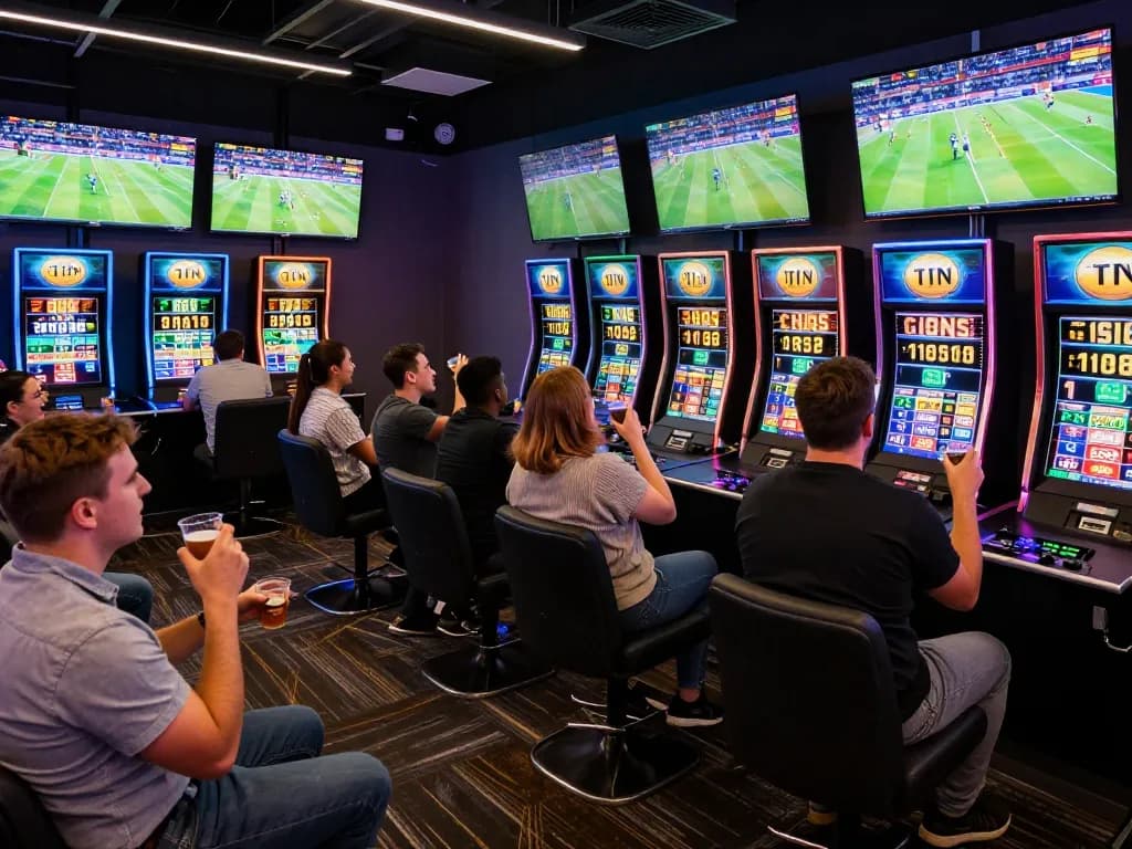 Sun win fans engaging in sports betting at a lively lounge, showcasing excitement and interaction