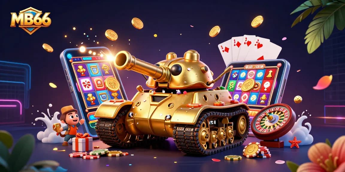 Experience the thrill at MB66's casino in a golden beetle tank illustration.