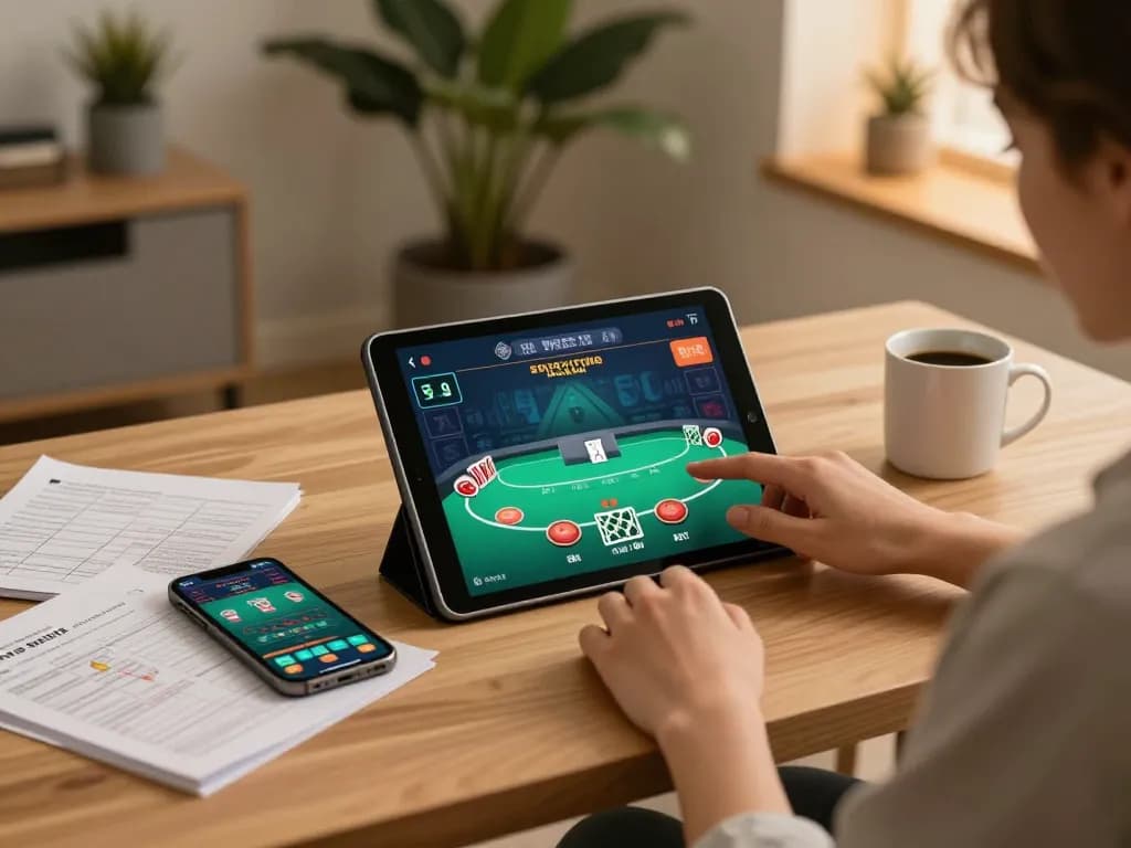 sunwin player enjoying poker on tablet at home with drinks and strategies visible