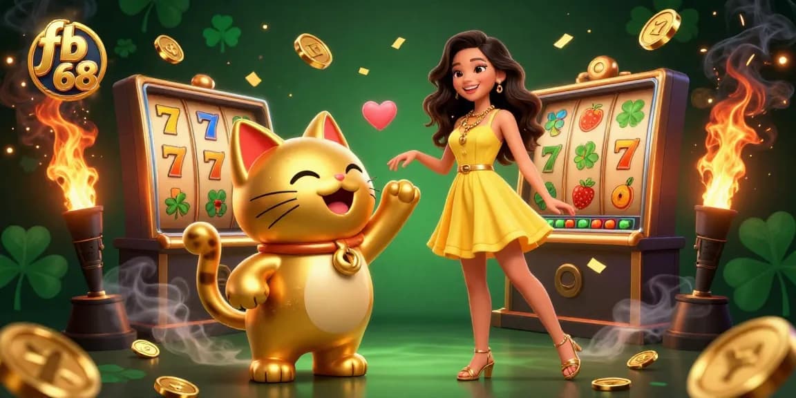 Engage in exciting casino experiences with fb 68 featuring a joyful woman and lucky cat amidst festive elements.