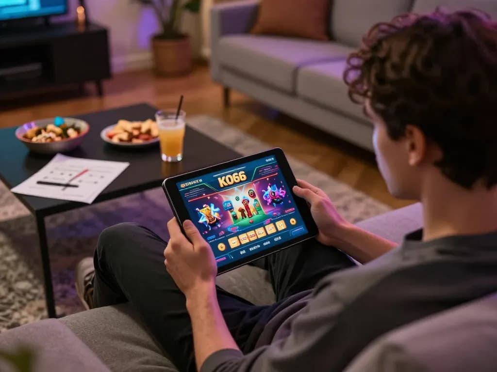 Người chơi đắm mình trong ứng dụng casino KO66 trên máy tính bảng để chơi game trực tuyến, thiết lập không gian ấm cúng tại nhà.