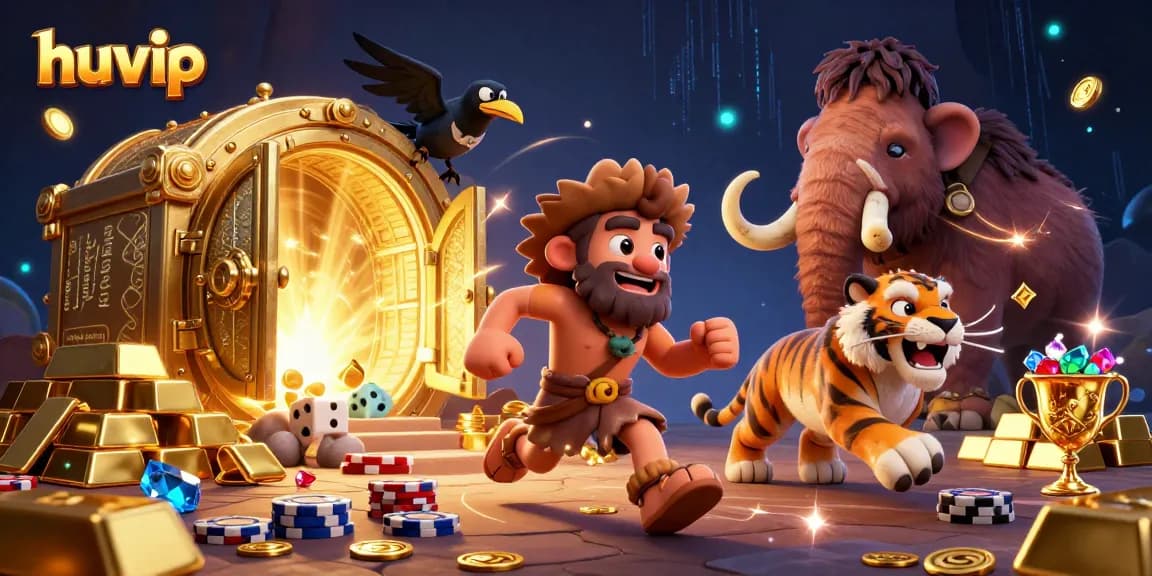 Experience thrilling games at huvip with a dynamic caveman and sabertooth duo in a prehistoric casino.