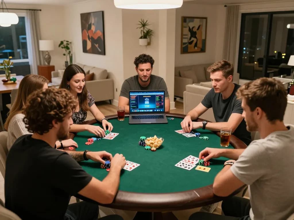 SC88 đăng nhập with friends during an exciting poker night at home, showcasing strategic gameplay and lively interaction
