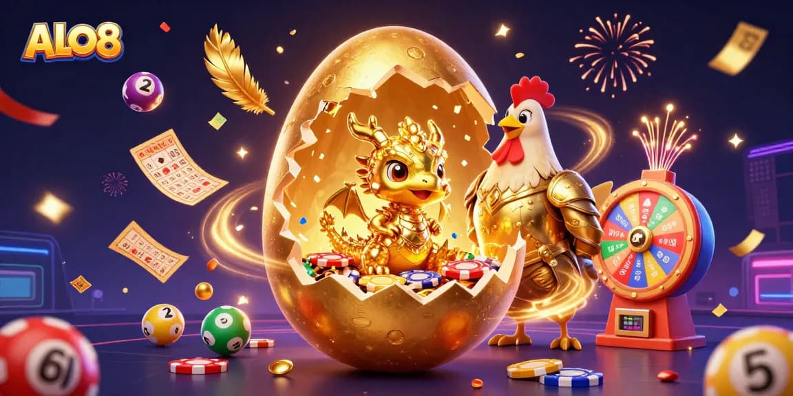 Engage in exciting gaming adventures at ALO8 with a vibrant scene of a dragon, colorful lottery balls, and golden elements.