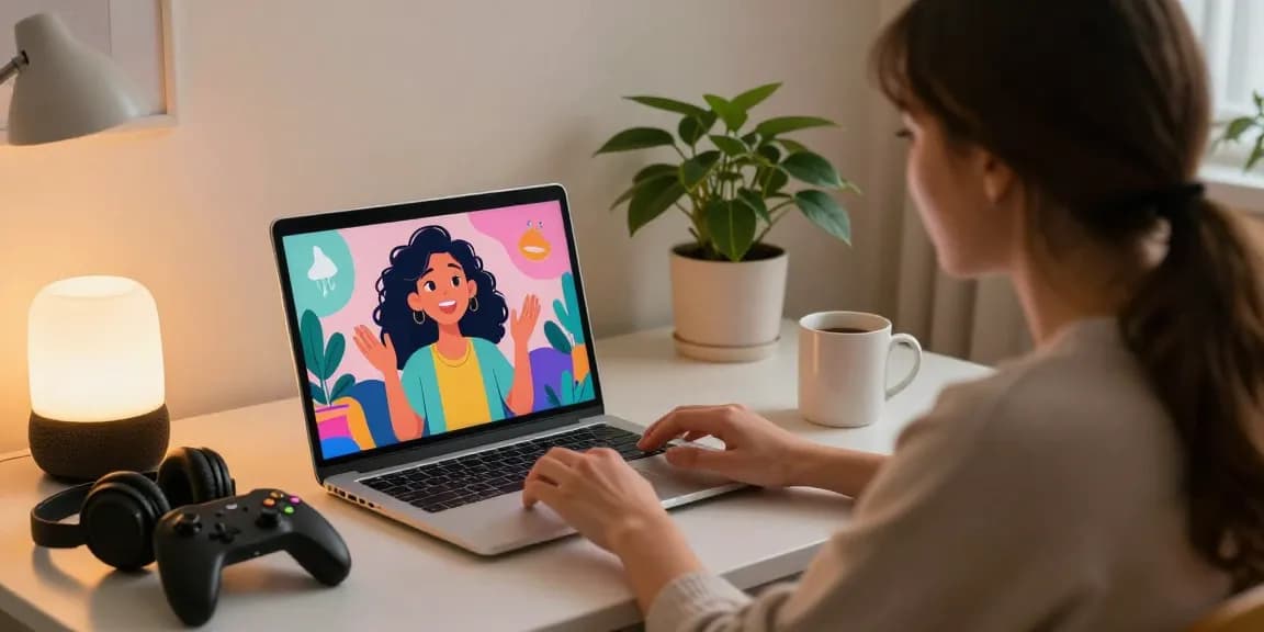 Interactive moment with ai gf on a laptop in cozy home office.