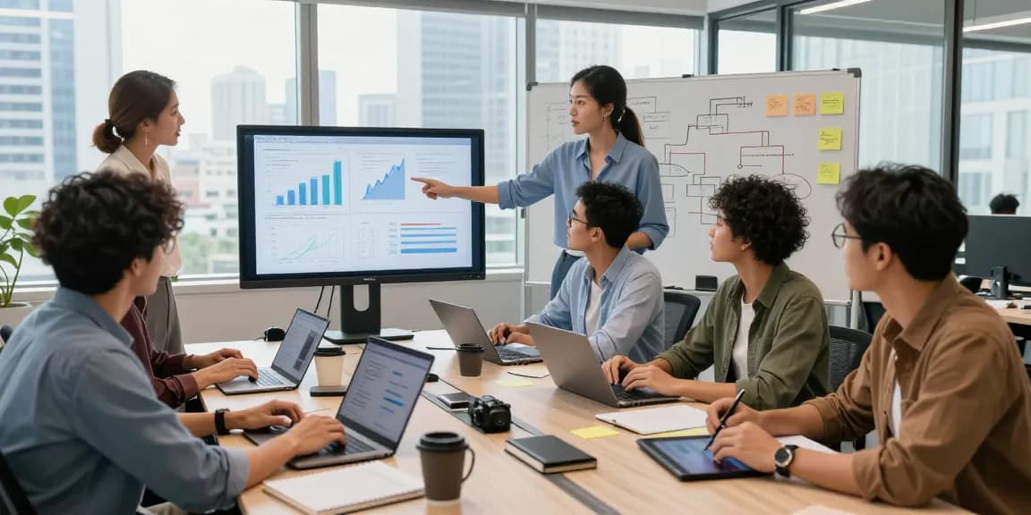 Team collaborating to build internal tools with AI in a modern workspace.