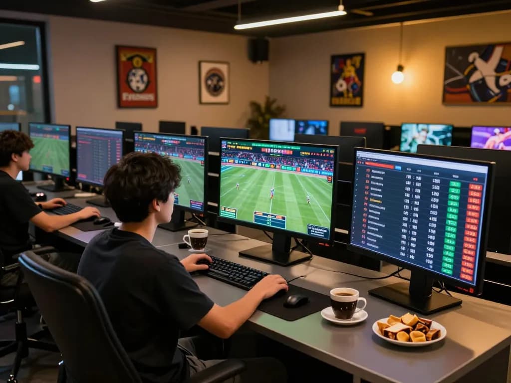 Engaged user analyzing live sports betting odds on multiple screens at keonhacaii88