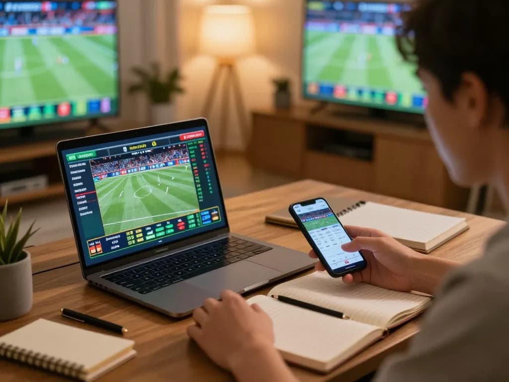 Kèo nhà cái betting enthusiast placing bets in a cozy home setup with live sports display.