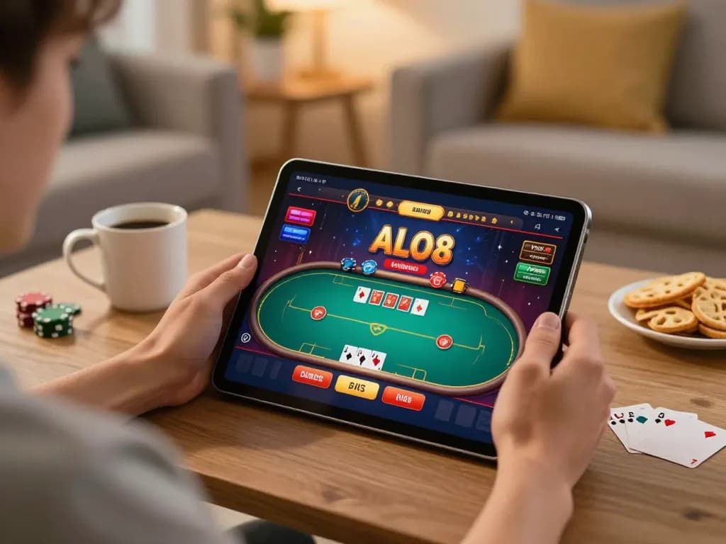 Engaging player enjoying ALO8 online casino gaming experience on tablet in cozy living room.