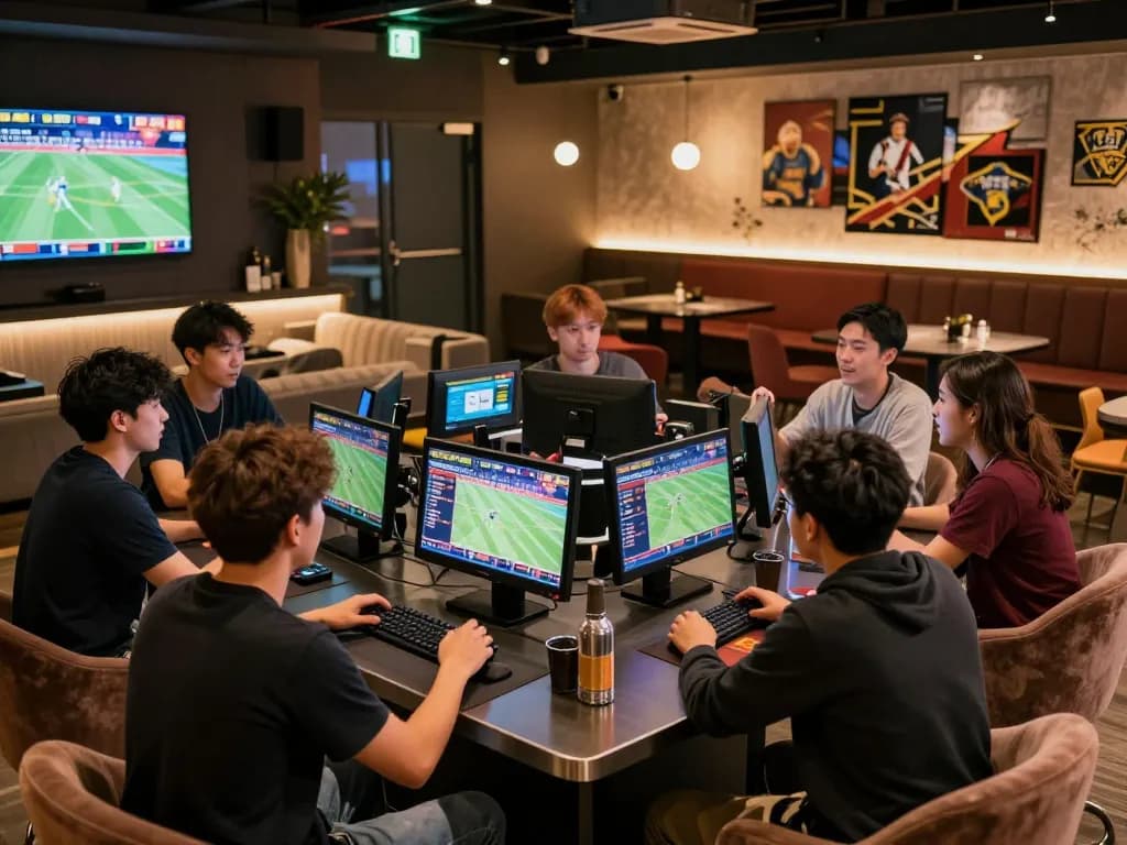 Friends engaging in strategic betting analysis at nhandinhkeonhacai's sports gaming table.