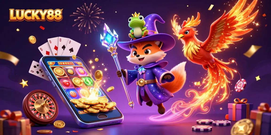 Engage with LUCKY88's dynamic gaming scene featuring a wizard fox, phoenix, and thrilling casino elements.