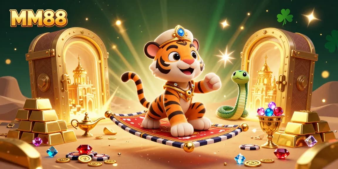 Experience the vibrant gambling world of MM88 with this stunning 3D casino adventure illustration.
