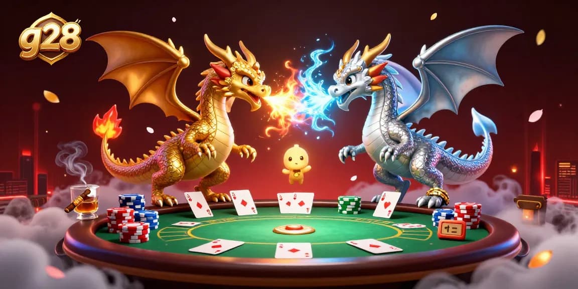 Experience dynamic g28 gameplay with gold and silver dragons amidst poker excitement.