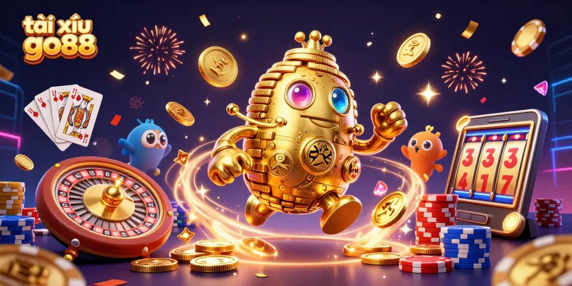 Engage in tài xỉu go88 strategy with an ultra-detailed illustration featuring a golden golem and dynamic casino elements.