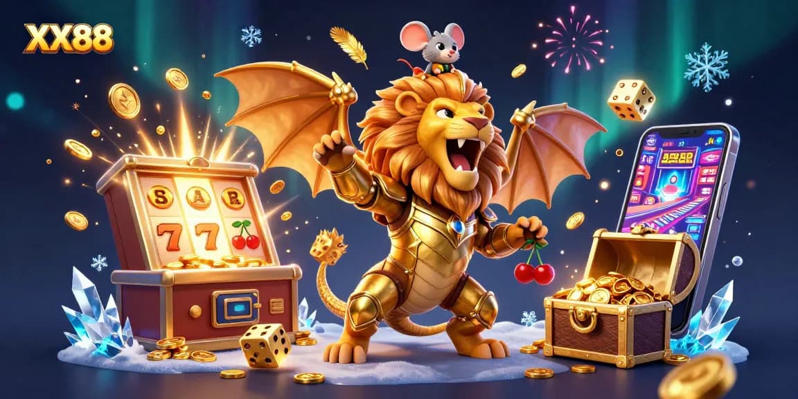 Join the exhilarating world of XX88 with a roaring chimera and dynamic casino elements.