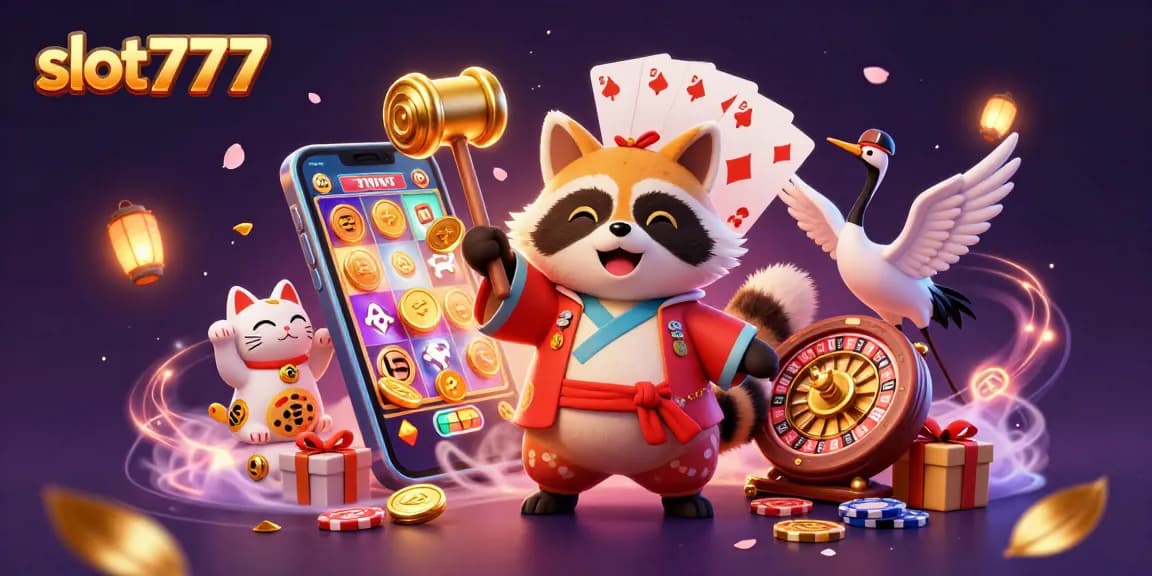 Play slot777 with animated characters, vibrant fortune cats, and exciting casino elements.