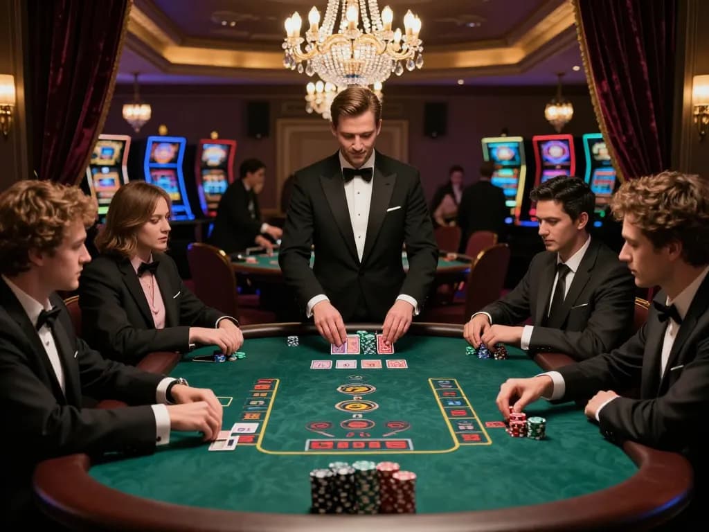 Người chơi LUCK8 đang lên chiến lược tại bàn blackjack trong một sòng bài cao cấp, ghi lại sự phấn khích của trò chơi.