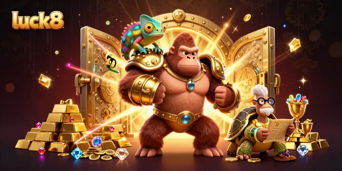 Kick off an exciting adventure with luck8, showcasing vibrant casino characters and treasures.