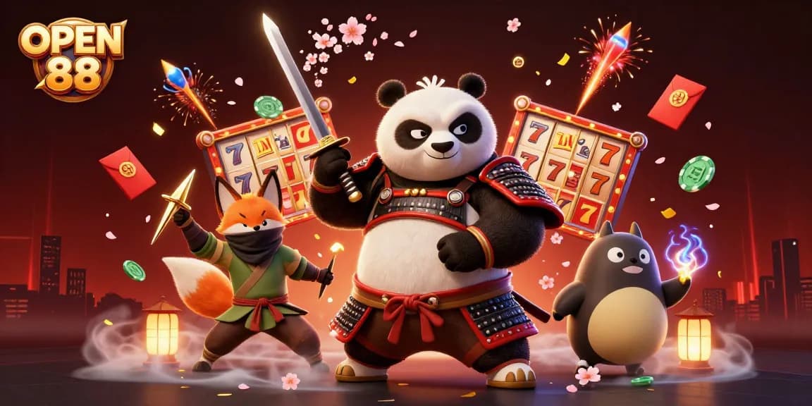 Engage with OPEN 88's dynamic casino scene featuring animated characters and exciting gaming elements.
