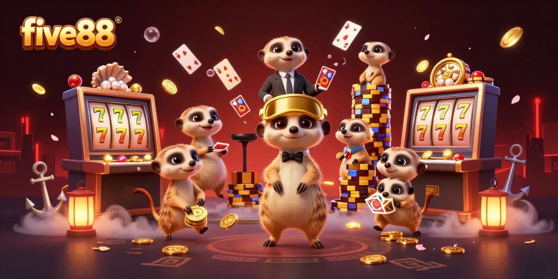 Experience excitement at five88 with a lively casino scene featuring playful meerkats and engaging gaming elements.
