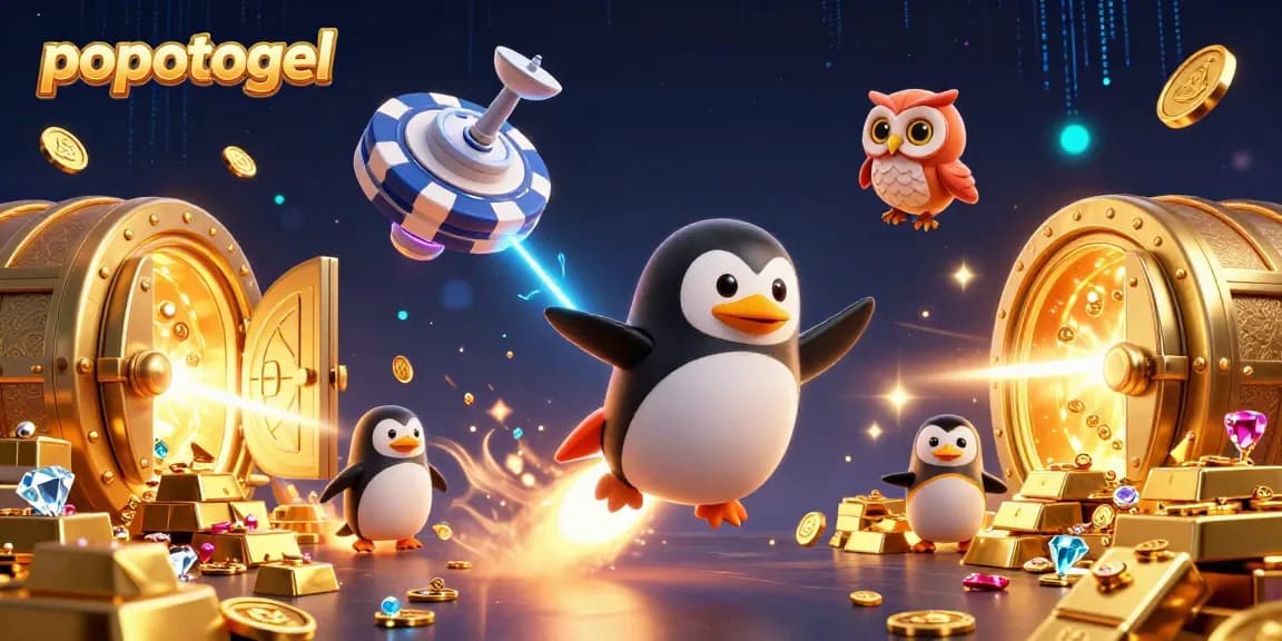 Experience the thrill of popotogel as a golden penguin races towards a cinematic casino in space.
