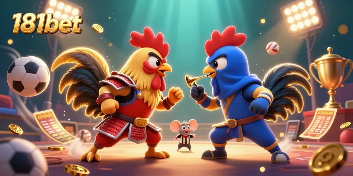Experience thrilling challenges at 181bet with dynamic gambling scenes featuring cartoon fighters and sports elements.
