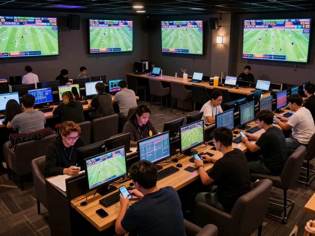 Betting enthusiasts engaging in live sports betting at qh88go with ambient lighting