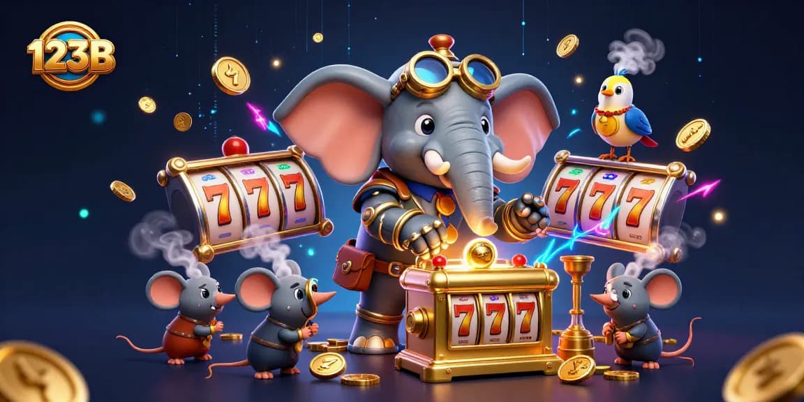 Engaging illustration of 123B's online gambling experience featuring dynamic 3D characters and exciting slot game elements.