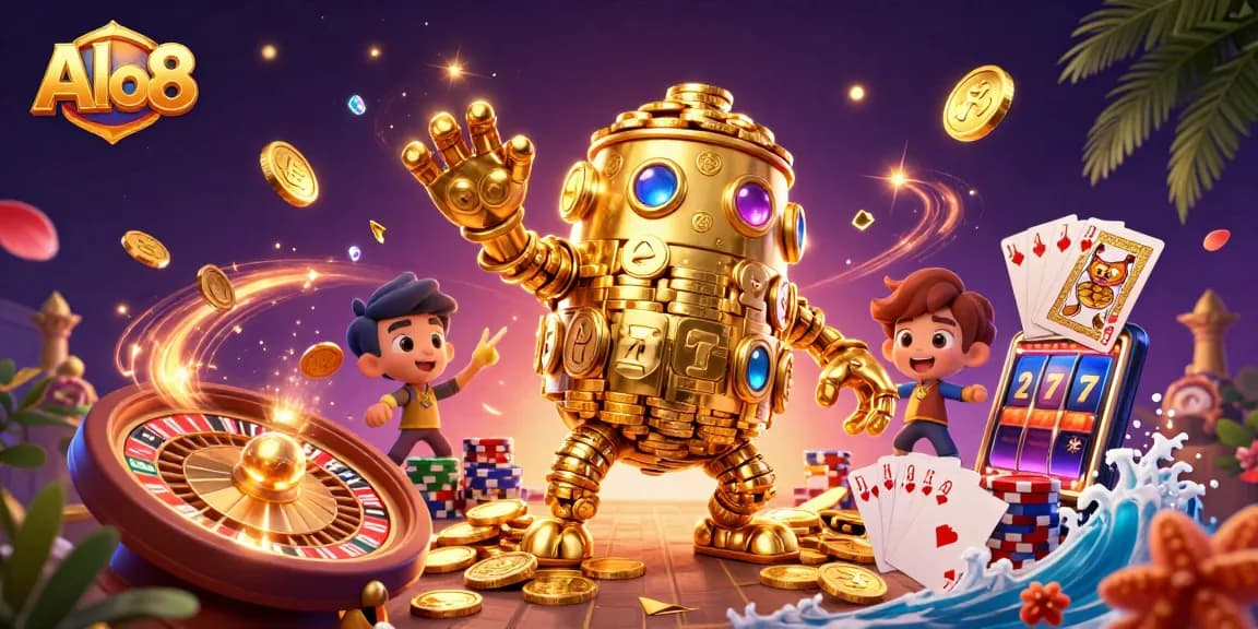 Alo8 showcases a vibrant gaming scene with a golden golem and casino elements, inviting players to explore.