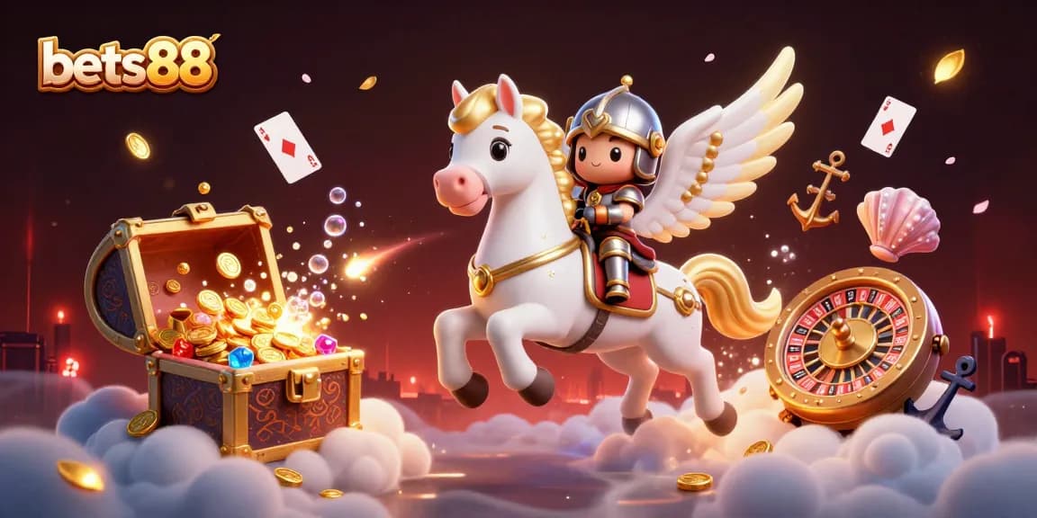 Experience thrilling gameplay at bets88 as a knight rides a celestial horse through a vibrant casino world.