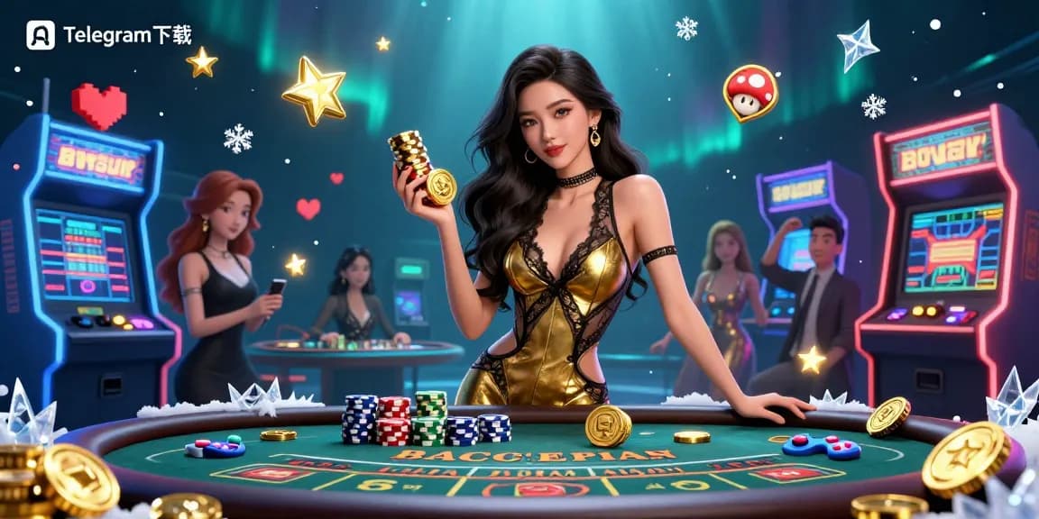 体验高额赌注游戏，与Telegram下载一起在VIP百家乐桌旁，周围是充满活力的赌场元素。