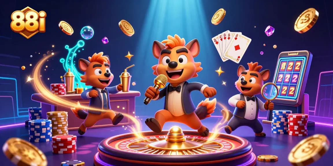 Engage with 88i's lively casino scene featuring hyenas and dynamic gambling elements.