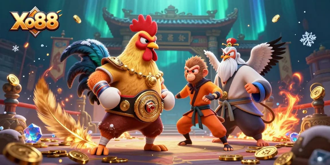 Xo88 offers an exciting casino experience with a dynamic 3D illustration of a fierce rooster and martial artists.