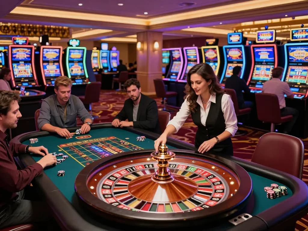 Players betting at roulette table in a vibrant casino setting showing the action of cashmyminutes.