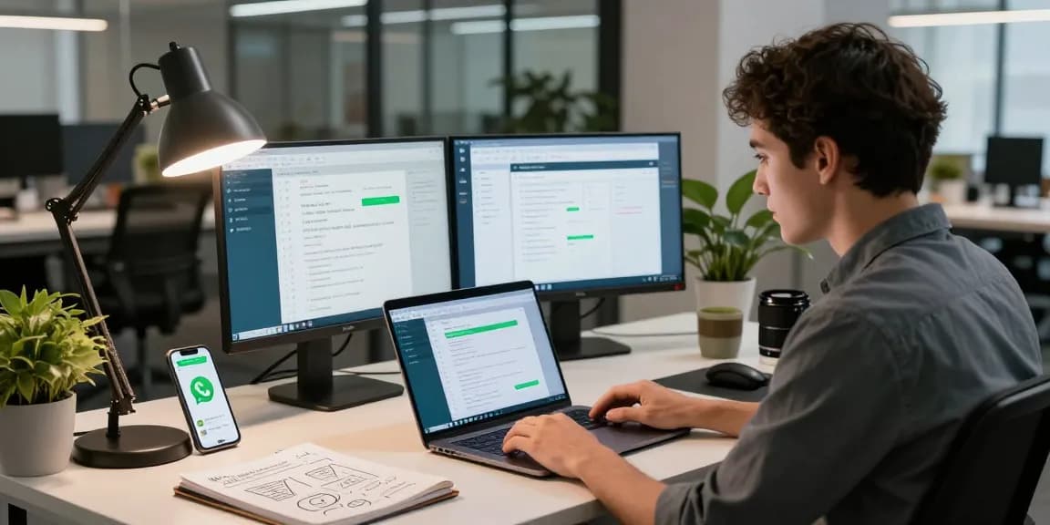 Using WhatsApp電腦版 in a modern workspace with dual monitors and smartphone notifications.