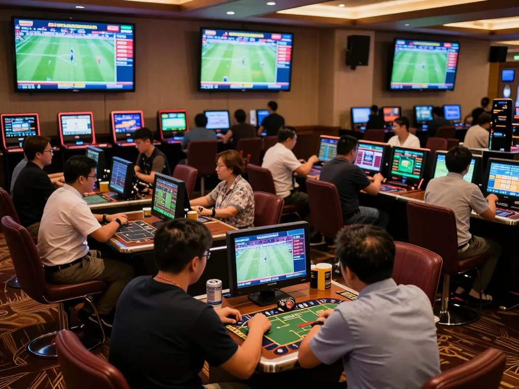 Betting on keobongda with active enthusiasts analyzing odds in a vibrant casino.