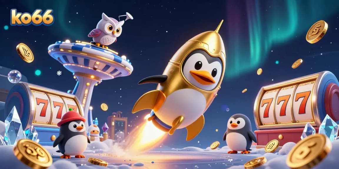 Experience thrilling slots with ko66 as a golden penguin navigates a dynamic, vibrant casino space scene.